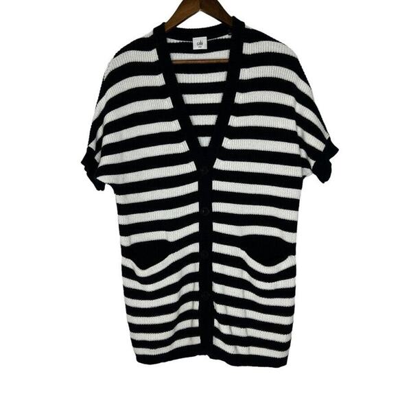 Cabi 5289 Black White Striped V-Neck Oversized Cardigan Sweater Size XXS - Picture 1 of 10